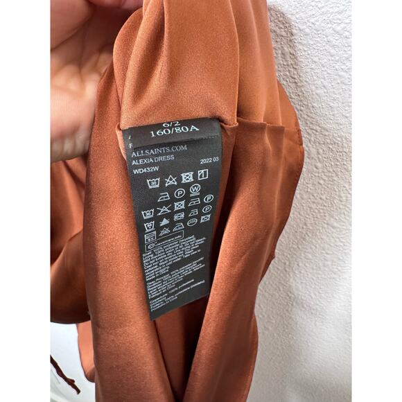 AllSaints Alexia ruched satin asymmetric midi dress in bronze Size 2 XS - Picture 7 of 8